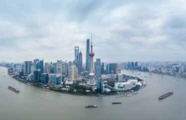 Fototapeta premium Panorama view of Lujiazui, the financial district in Shanghai, China, aerial shot.