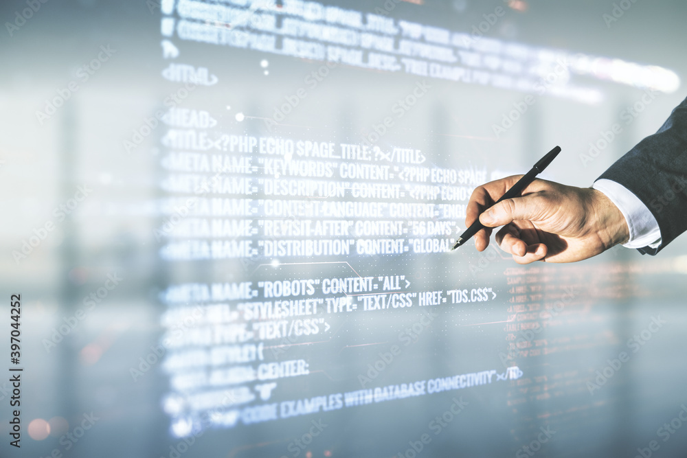 Poster double exposure of programmer's hand with pen working with abstract creative programming illustratio
