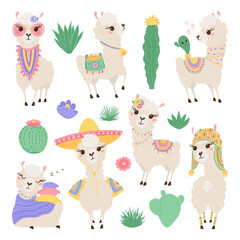 Collection of cute lamas and cacti in pastel colors. Funny baby animals. Set of Alpaca for your child's room design. Vector illustration © Irina Gubanova