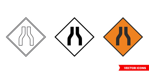 Road narrows on both roadworks sign icon of 3 types color, black and white, outline. Isolated vector sign symbol.