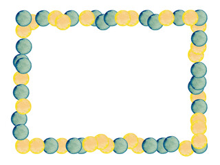 Rectangular frame of yellow and blue vintage paper confetti. Christmas, Birthday, New Year, New Born party background for greeting card. Watercolor hand drawn isolated elements on white background.