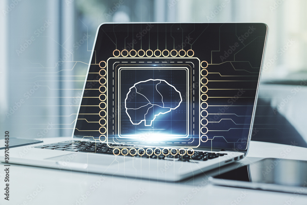 Aufkleber double exposure of creative human brain microcircuit with computer on background. future technology 