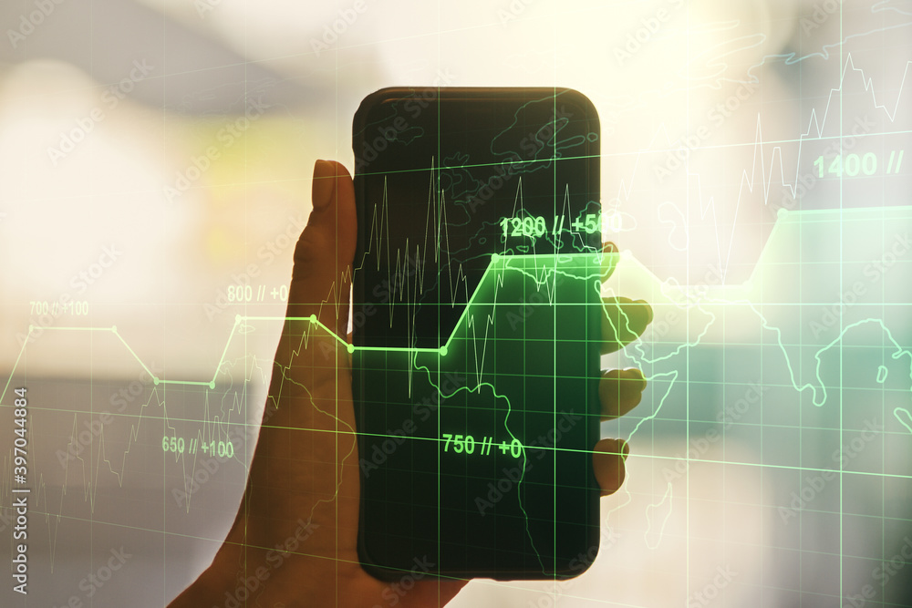 Poster abstract creative analytics data spreadsheet and hand with mobile phone on background, analytics and