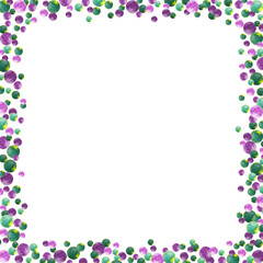Obraz premium Quadratic frame of violet and green confetti with thick lines. Christmas, Birthday, New Year Party festival background for card invitation. Watercolor hand drawn isolated elements on white background.