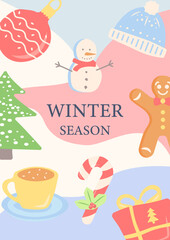 Winter holiday season abstract poster template. Christmas celebration. Commercial flyer design with flat illustration. Vector cartoon promo card with organic shapes. Wintertime advertising invitation