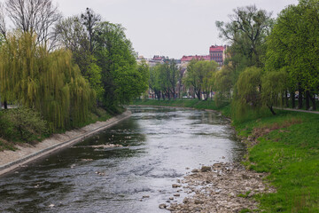 View on the Olsa River, separating Cesky Tesin town in Czech Repblic and Cieszyn town in Poland