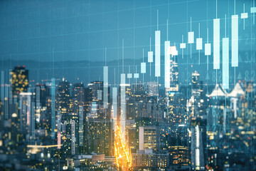 Obraz premium Double exposure of virtual creative financial diagram on San Francisco office buildings background, banking and accounting concept