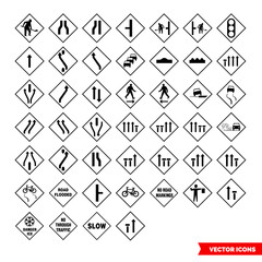 Roadworks signs icon set of black and white types. Isolated vector sign symbols. Icon pack.