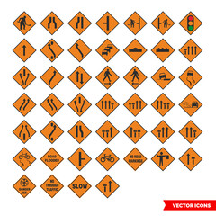 Roadworks signs icon set of color types. Isolated vector sign symbols. Icon pack.