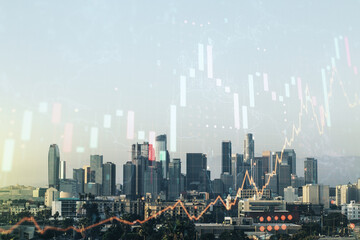 Fototapeta na wymiar Multi exposure of virtual creative financial graph and world map on Los Angeles city skyline background, forex and investment concept