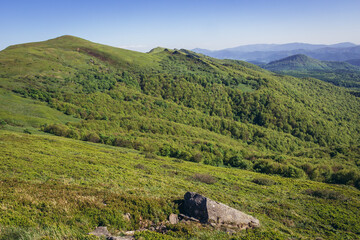 Bieszczady National Park, Subcarpathian Voivodeship of Poland, view from hiking trail near Halicz Mountain on the left side