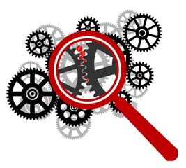 Obraz premium Gears Under Magnifying Glass. Defective Cogwheel Gear Mechanism. Vector illustration. 