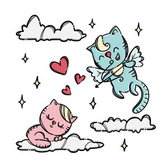KITTEN CUPID Archery Pussycat Lying On Cloud Valentine Day Hand Drawn Cartoon Clip Art Vector Illustration For Print