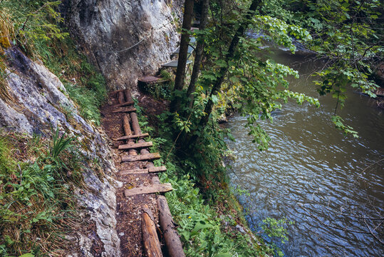 Tourist path along River Hornad in park called Slovak Paradise, Slovakia
