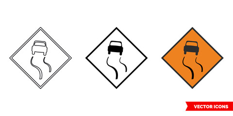 Slippery road roadworks sign icon of 3 types color, black and white, outline. Isolated vector sign symbol.