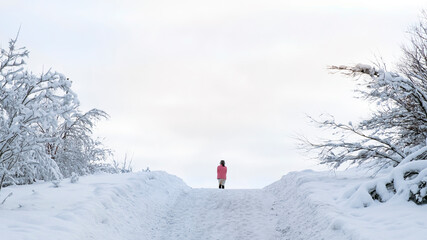Naklejka na ściany i meble woman walk in winter on snow route in ice snowy forest hill road symbolize success. cold fresh air environment and girl in pink outfit walking activity at frozen outdoor for exploring the journey