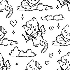 VALENTINE DAY PARTY Cute Kitten Cupid Shoots Archery Lovers Monochrome Hand Drawn Cartoon Seamless Pattern Vector Illustration For Print