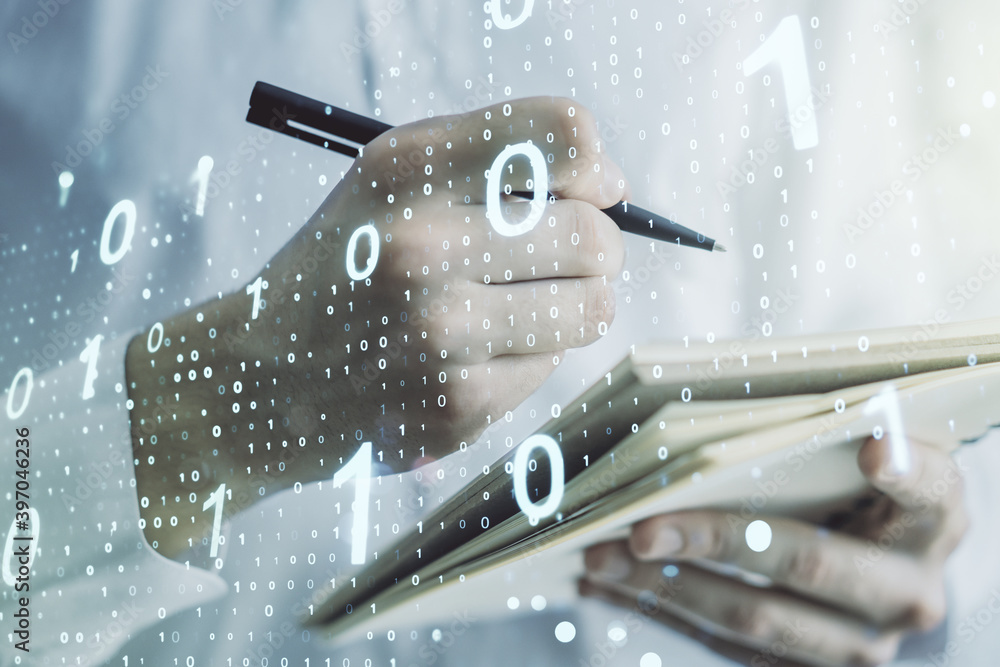 Leinwandbilder Double exposure of creative abstract binary code hologram and man hand writing in notebook on background. Database and programming concept
