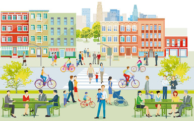 Stadtsilhouette mit Menschen auf dem Bürgersteig Illustration