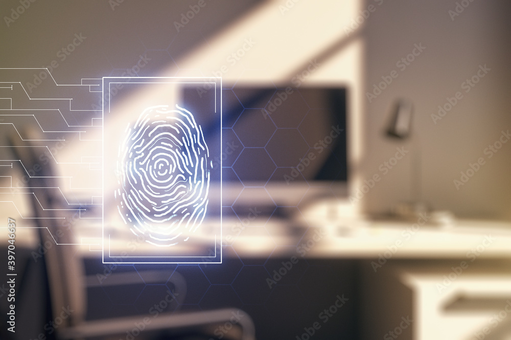 Aufkleber Multi exposure of creative fingerprint hologram and modern desktop with laptop on background, personal biometric data concept