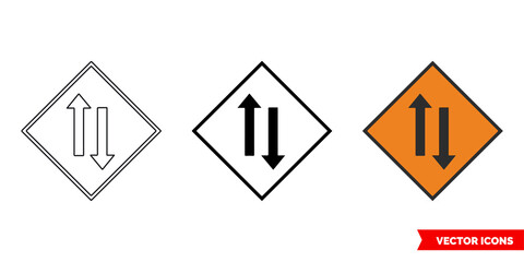 Two way traffic roadworks sign icon of 3 types color, black and white, outline. Isolated vector sign symbol.