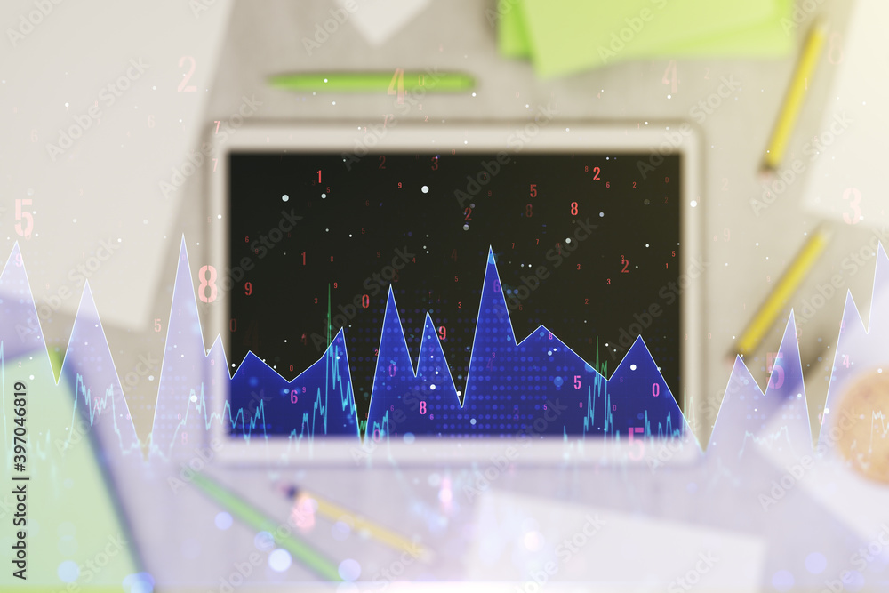 Aufkleber multi exposure of abstract statistics data hologram interface and modern digital tablet on backgroun