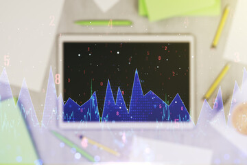 Multi exposure of abstract statistics data hologram interface and modern digital tablet on background, computing and analytics concept