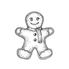 Hand Drawn Christmas Ginger Cookie Man Vector Illustration. Abstract Sketch. Winter Holiday Engraving Style Drawing. Isolated