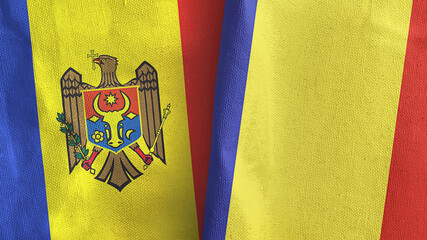 Romania and Moldova two flags textile cloth 3D rendering