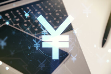 Creative concept of Japanese Yen symbol illustration on modern laptop background. Trading and currency concept. Multiexposure