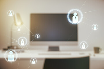 Social network concept with modern laptop on background. Multiexposure