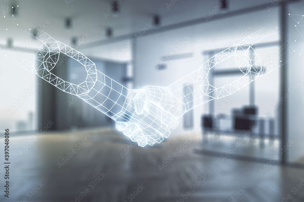 Aufkleber double exposure of abstract virtual blockchain technology hologram with handshake on modern corporat