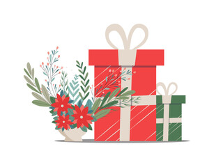 Gift boxes and a bouquet of flowers in a vase. Delivery of gifts, winter bouquets, congratulations to loved ones remotely. Vector illustration.