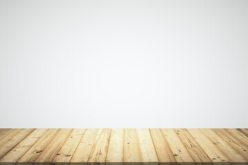 Empty room with wooden floor planks and white gradient background, mockup