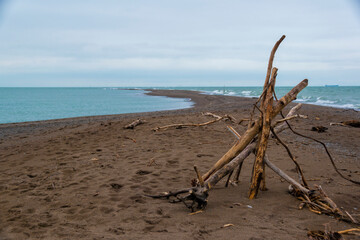 A small structure made of branches and twigs sits on a narrow beach at Point Pelee National Park in Ontario, looking towards the southernmost point in mainland Canada.