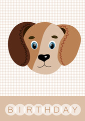 Happy birthday, holiday, baby shower celebration greeting and invitation card. Layout template in A4 size. Colorful cute vector dog face on squared background. Cartoon flat illustration.