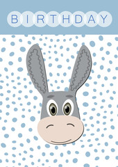 Happy birthday, holiday, baby shower celebration greeting and invitation card. Layout template in A4 size. Colorful cute vector donkey face on dotted background. Cartoon flat illustration.