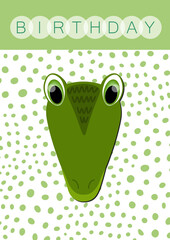 Happy birthday, holiday, baby shower celebration greeting and invitation card. Layout template in A4 size. Colorful cute vector crocodile face on dotted background. Cartoon flat illustration.