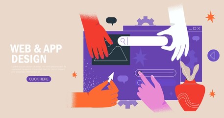 Hands are working on website or application, ui ux design and programming. Team of designers doing research and prototyping. Web studio or mobile application concept for banner, ads, landing page.