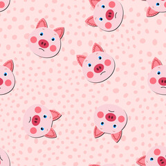 Vector flat animals colorful illustration for kids. Seamless pattern with cute pig face on pink polka dots background. Adorable cartoon character. Design for textures, card, poster, fabric, textile.