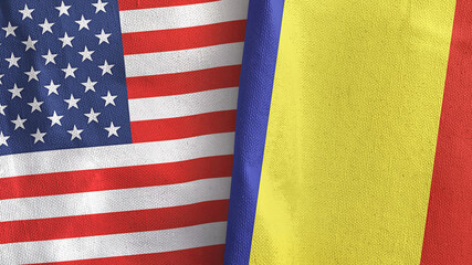 Romania and United States two flags textile cloth 3D rendering