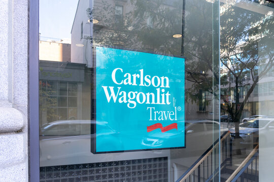 A Carlson Wagonlit Travel (CWT) sign is seen on October 13, 2020 in Toronto. CWT (formerly Carlson Wagonlit Travel ) is a travel management company headquartered in USA. 