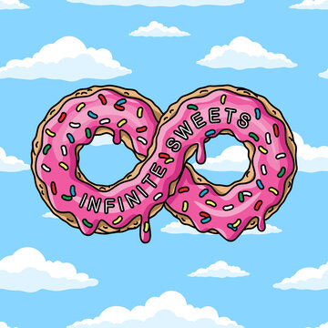 infinity cartoon donut with pink glaze on white background. Mobius strip vector illustration