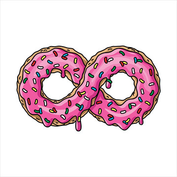 infinity cartoon donut with pink glaze on white background. Mobius strip vector illustration