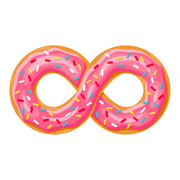 infinity cartoon donut with pink glaze on white background. Mobius strip vector illustration