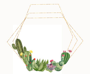 Gold geometric frame. Watercolor cacti and succulent plants