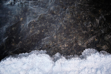 Winter transparent stream. Texture of frozen water. View from above.