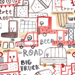 Seamless pattern with hand drawn toy cars. Creative kids texture for fabric, wrapping, textile, wallpaper, apparel. Childish watercolor illustration. © bukhavets