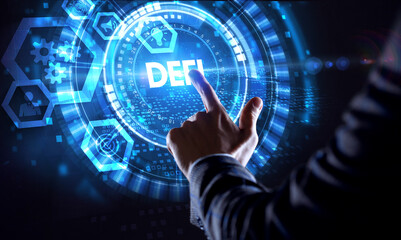 DeFi -Decentralized Finance on dark blue abstract polygonal background. Concept of blockchain, decentralized financial system