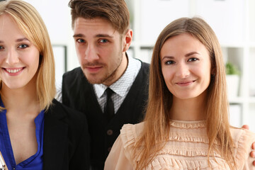 Group of smiling people stand in office looking in camera portrait. White collar power mediation solution project creative advisor participation profession train bank lawyer client visit concept
